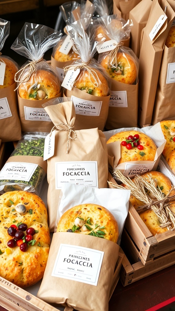 Various creative packaging ideas for focaccia bread, including clear bags, kraft paper wraps, and wooden boxes.